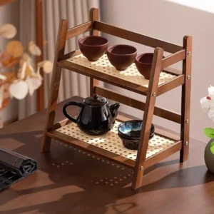 1pc Countertop Organizer Double Tier Coffee Cup Holder Bamboo Wood Storage Wall Shelf For Kitchen Living Room Hotel Apartment